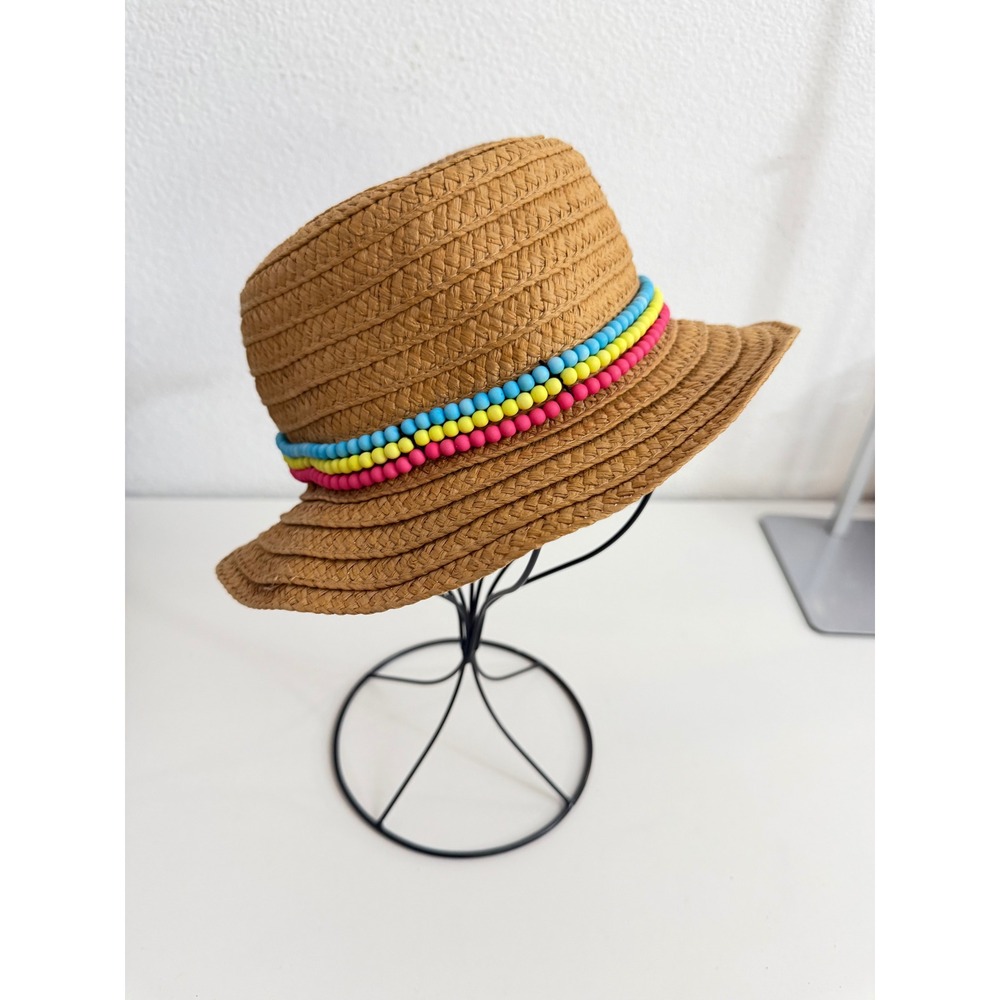 The Children's Place Girls Straw Fedora Hat Tan Beaded Band S/P 4-6 Summer Hat